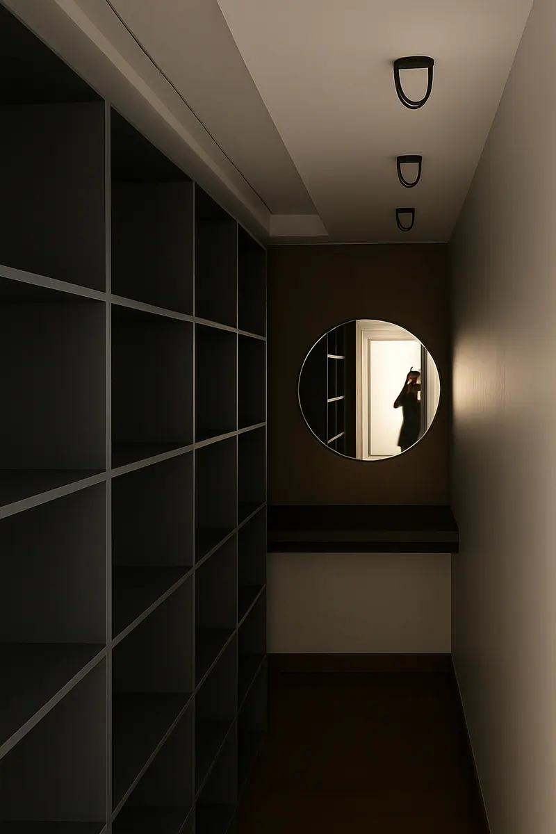 Closet em tons escuros com nichos do chão ao teto e espelho redondo ao fundo