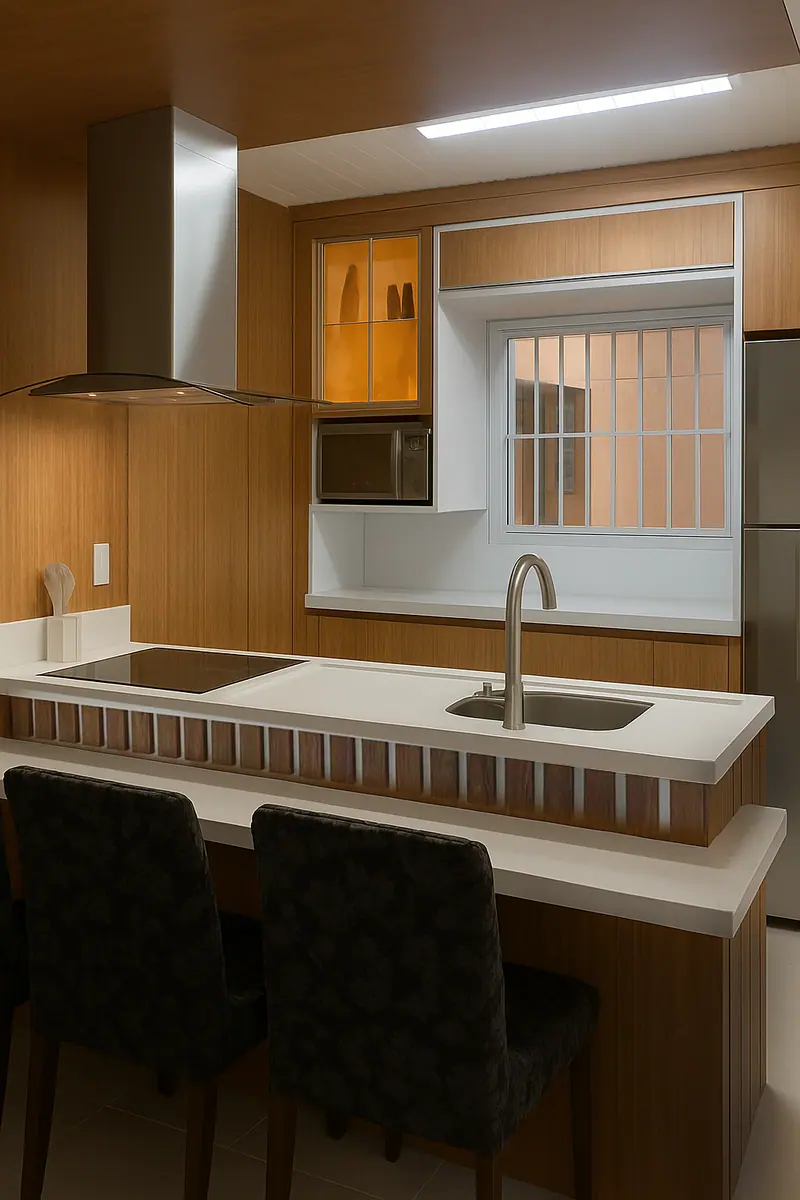 Cozinha amadeirada com bancada branca, coifa de inox e nichos iluminados