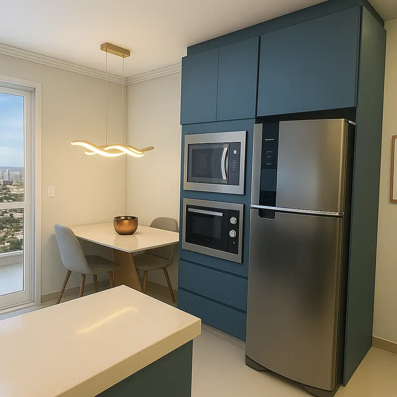 Cozinha sob medida com torre de armários azul para geladeira, micro-ondas e forno embutidos, ao lado de uma mesa de jantar compacta