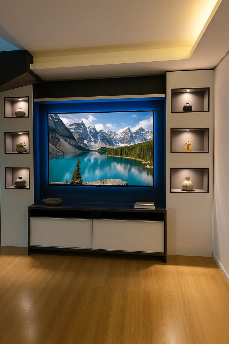 Painel de TV com nichos iluminados nas laterais e rack branco e preto