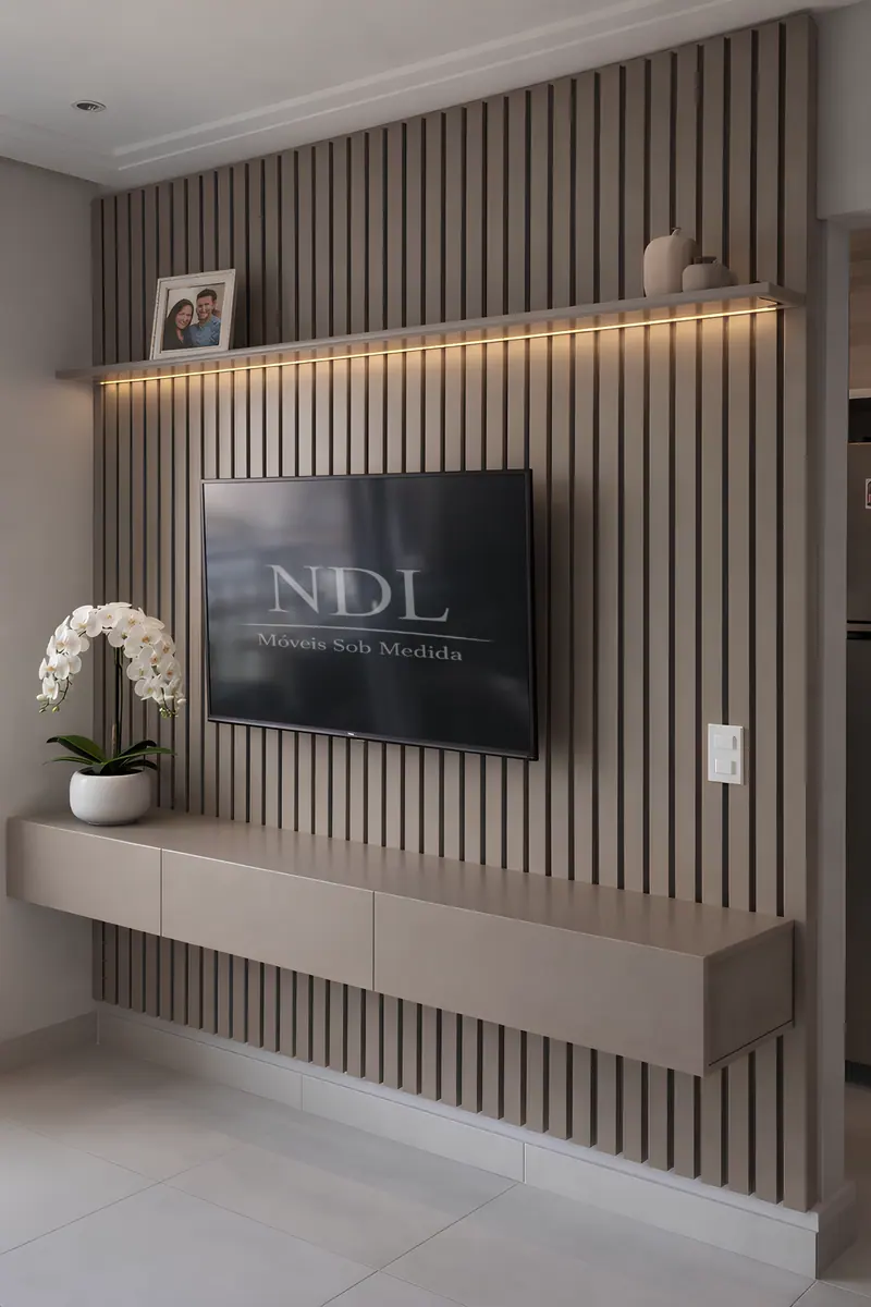 Painel ripado com rack suspenso e prateleira com LED, com a marca NDL exibida na tela da TV